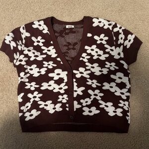 GARAGE Floral Patterned Brown and White Women's Cropped Button-Up Cardigan